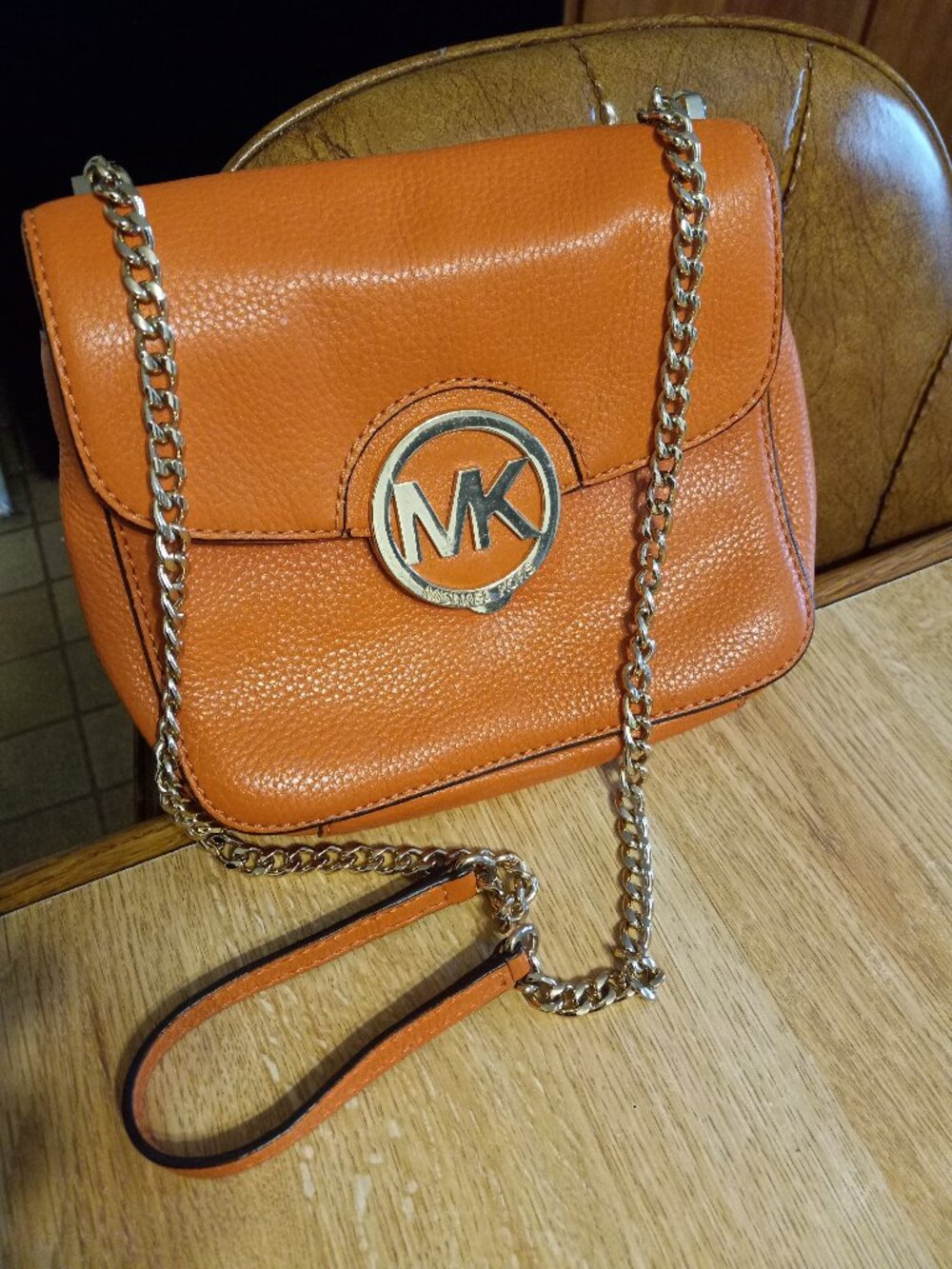 Michael Kors Fulton Flap Orange Pebbled Leather Crossbody Bag w Gold Hardware